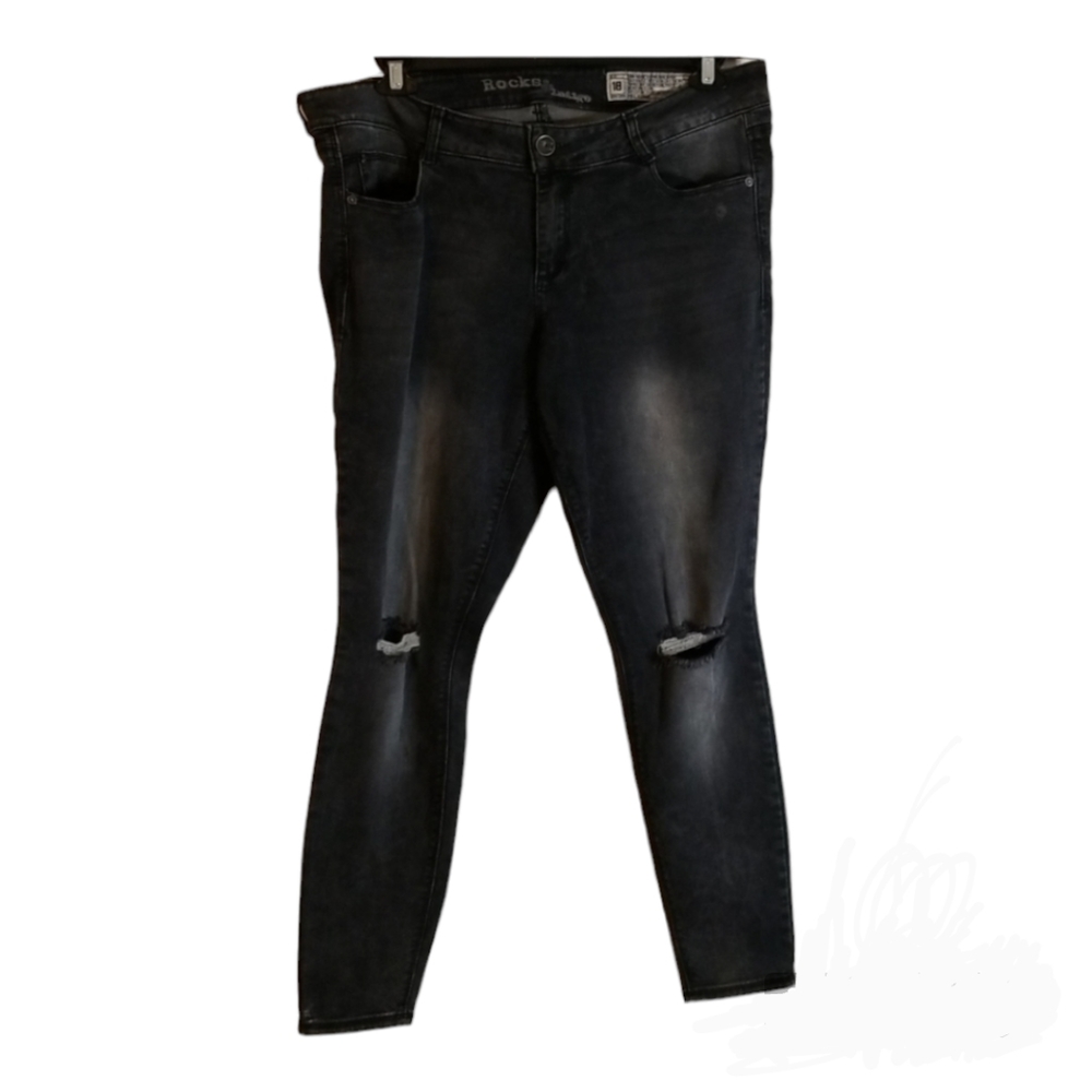 Rocks & Indigo women's denim black jeans distressed + faded JR plus size 18